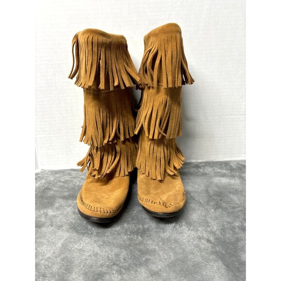 Minnetonka Womens Triple Fringe Suede moccasin Boots Size 7 Mid-calf NWO… - Picture 2 of 10